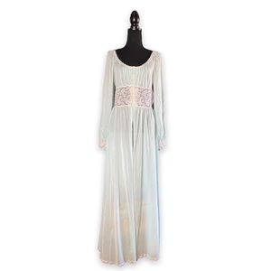 1970s Olga Pale Blue Floor Length Long Sleeve Nightgown Dress Lace Details
